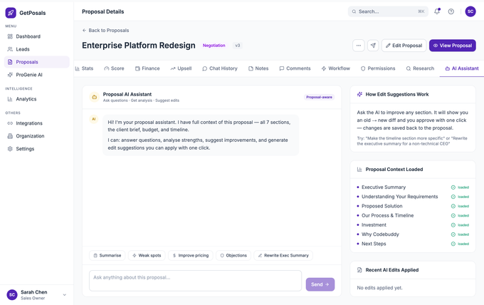 GetPosals proposal workspace, AI Assistant tab, showing the assistant now living as one tab among several rather than sitting above the page.