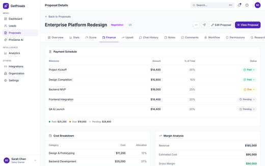 GetPosals proposal workspace, Finance tab, showing calculated financial breakdown for the proposal.