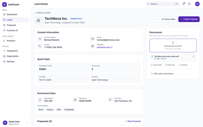 GetPosals lead detail view showing enriched company data for a prospective client, including employee count, revenue, location, and tech stack.