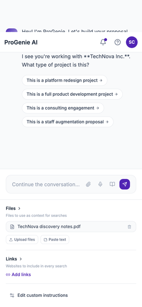 GetPosals ProGenie chat rendered at 390px mobile width, empty-state greeting.