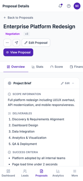 GetPosals proposal workspace rendered at 390px mobile width, Overview tab.
