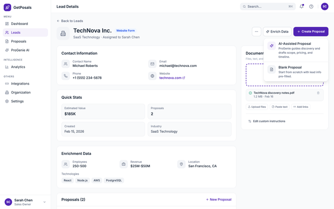 GetPosals new-proposal entry point reached from a lead's detail page, offering an AI-assisted start instead of a blank form.