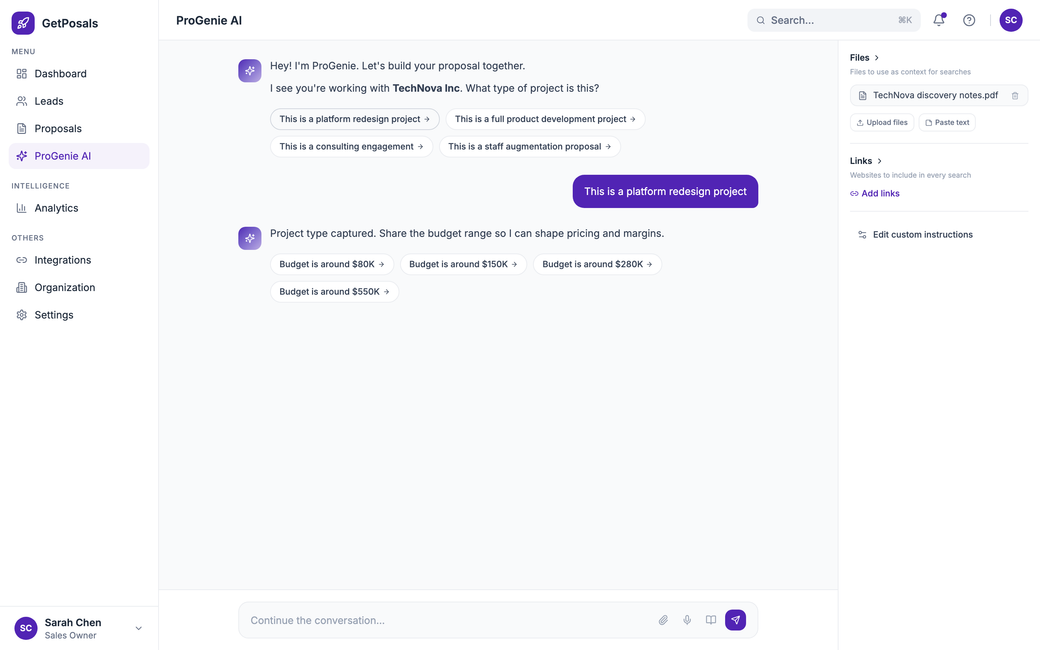 ProGenie AI chat mid-conversation on the left, discussing a platform redesign project and budget, next to a live Files sidebar on the right showing a real source document, TechNova discovery notes PDF, plus Links and custom-instructions affordances.